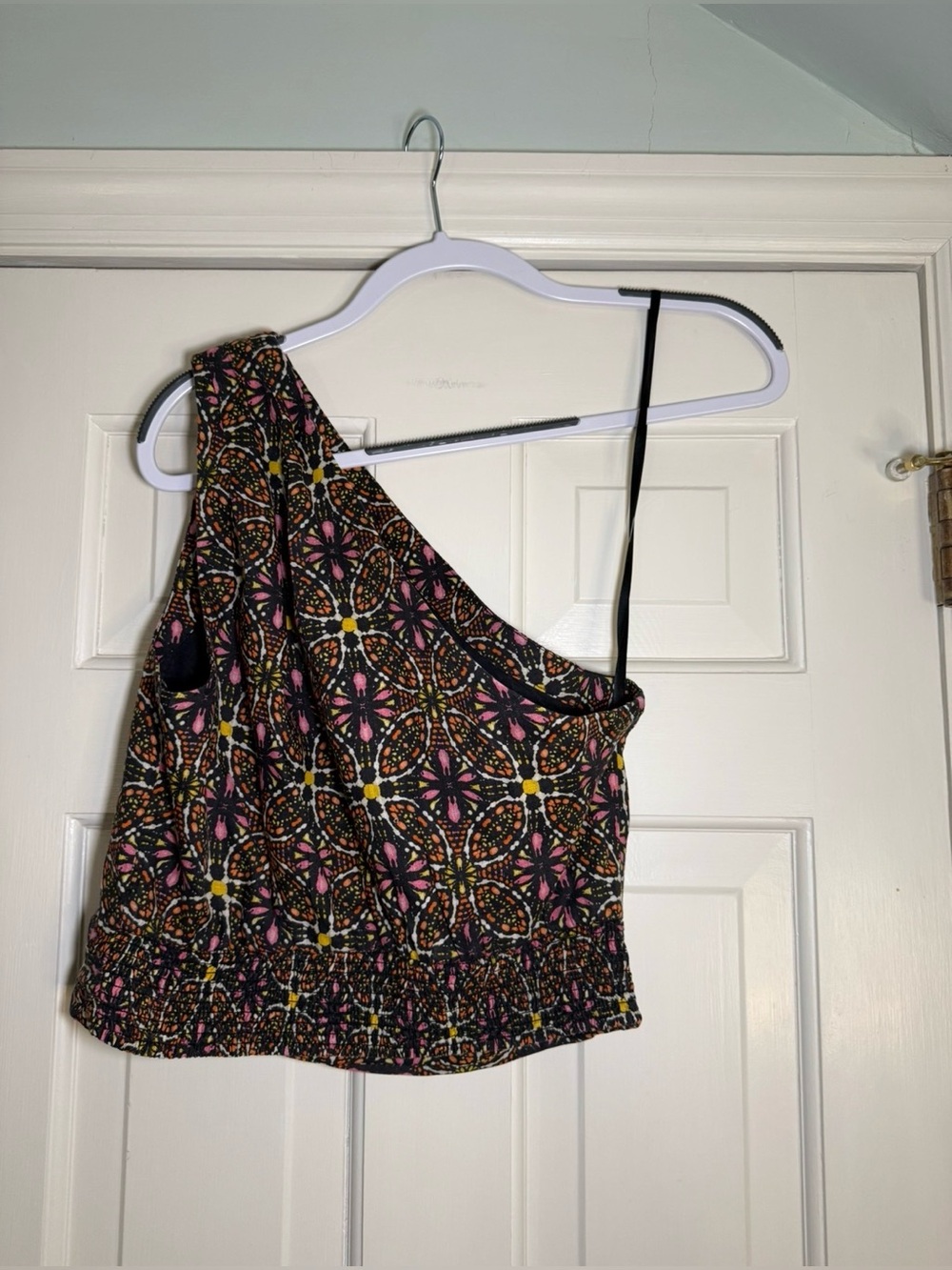 Anthropologie Linen Print One-Shoulder Crop Top - Picture 4 of 4